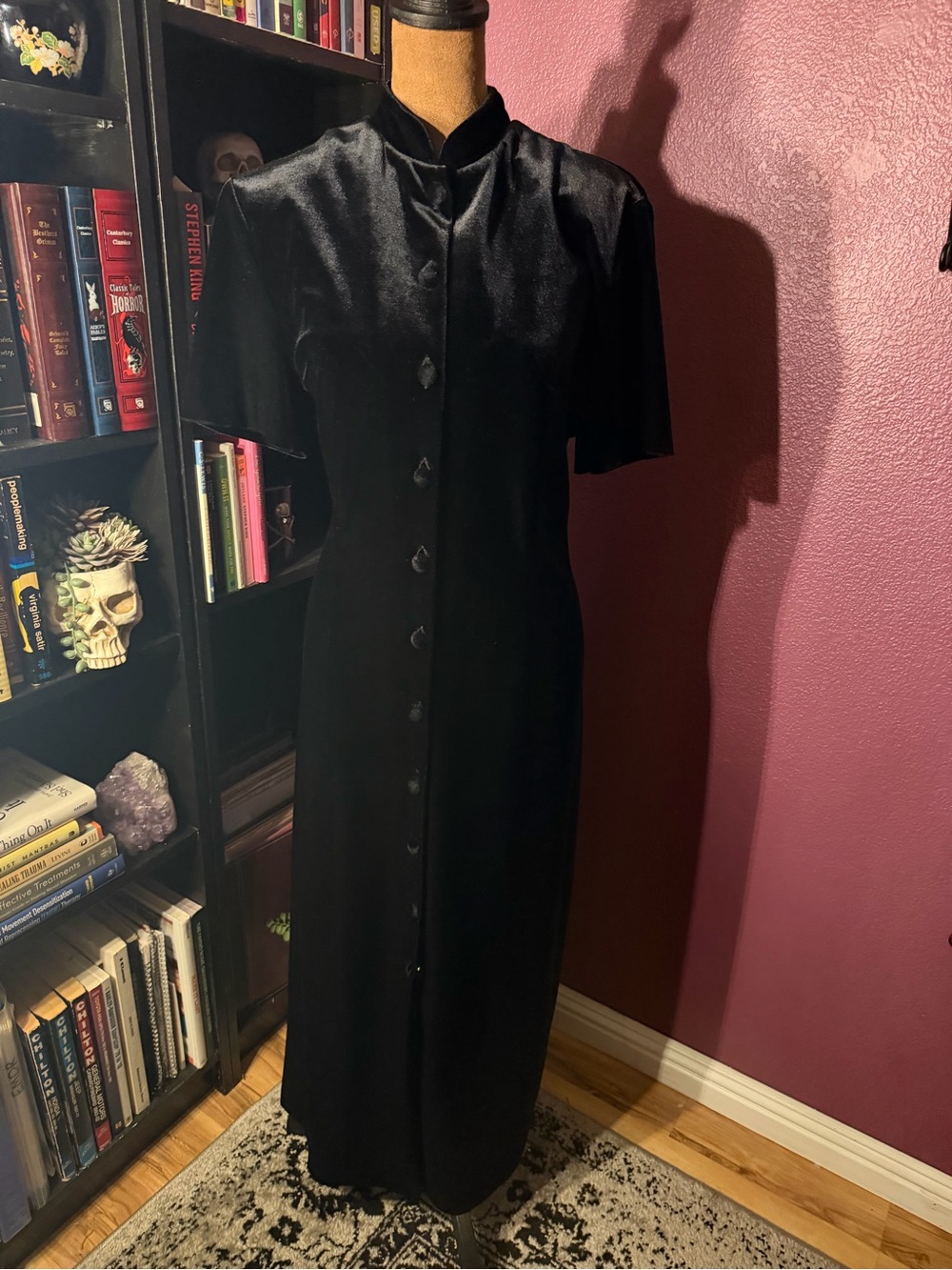 Sag Harbor Goth Dark Romance Vintage Black Velvet Maxi Dress- button up